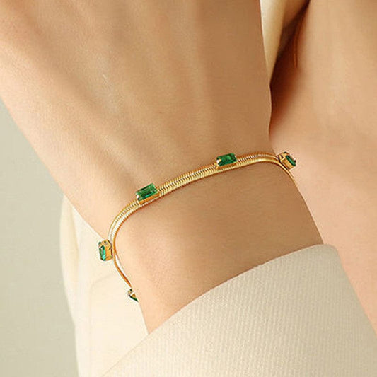 Gold Plated Stainless Steel Anti Tarnish Snake Chain Green Emerald Studded
