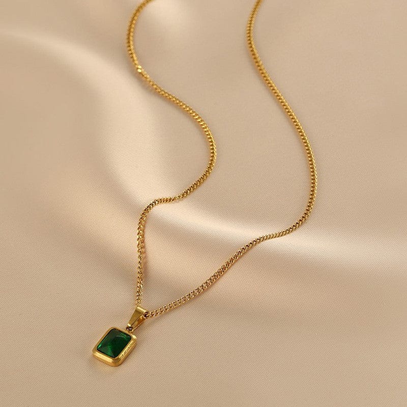 Gold Plated Stainless Steel Anti Tarnish Snake Chain Green Emerald Studded