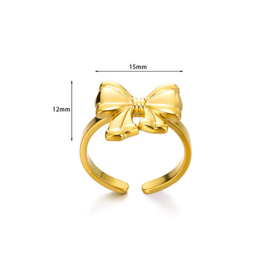 Gold Plated Stainless Steel Anti Tarnish Bow Themed Adjustable Finger Ring For Women
