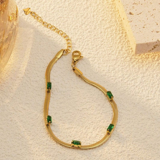 Gold Plated Stainless Steel Anti Tarnish Snake Chain Green Emerald Studded