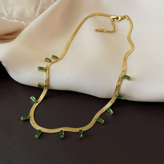 Gold Plated Stainless Steel Anti Tarnish Snake Chain Green Emerald Studded Necklace