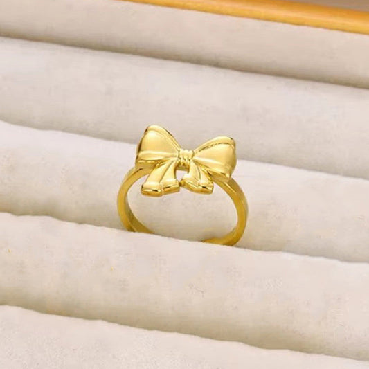 Gold Plated Stainless Steel Anti Tarnish Bow Themed Adjustable Finger Ring For Women