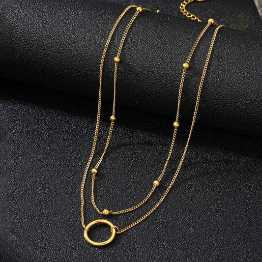 Gold Plated Stainless Steel Anti Tarnish Dual Layered Chain Hoop Pendant Necklace