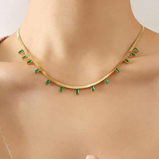 Gold Plated Stainless Steel Anti Tarnish Snake Chain Green Emerald Studded Necklace